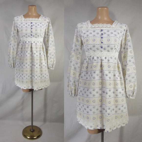 Vintage Dresses & Skirts - VINTAGE 60s BOHO Babydoll Mini Dress Sheer Sleeves
